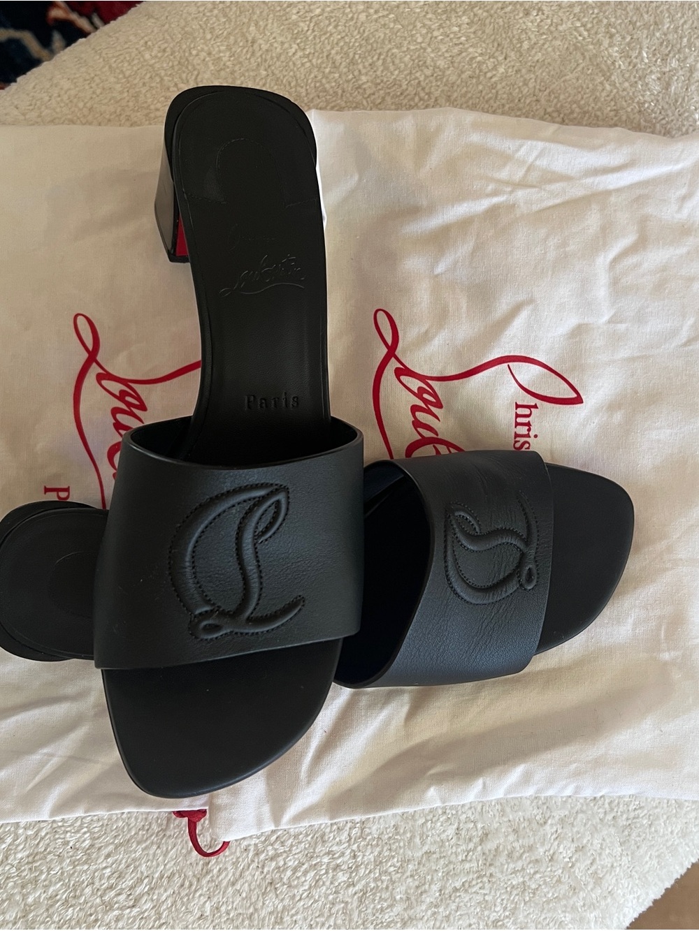 Christian Louboutin Black Leather Slide Mules with Logo - Picture 5 of 5